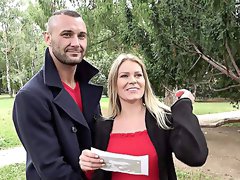 Blonde beauty helps her boyfriend by fucking with the guy he owns money to