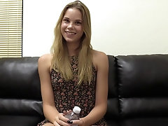 Cute blonde in a little dress goes to her casting
