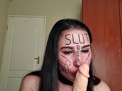 Body writing slut shows and describes how she wants to be treated, self humiliation