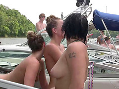 Mature blonde and other skanks flash their tits outdoors