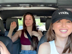 Riley Reid and her two friends showing their tits in the car