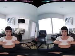 Skinny brunette fucks her ass with a toy in virtual reality