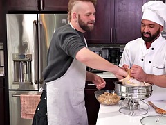 Fisting chef fists and fucks hairy gay guy during food fetish sex