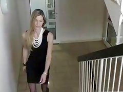 Slim blonde in a sexy, black dress is often getting fucked to earn some money